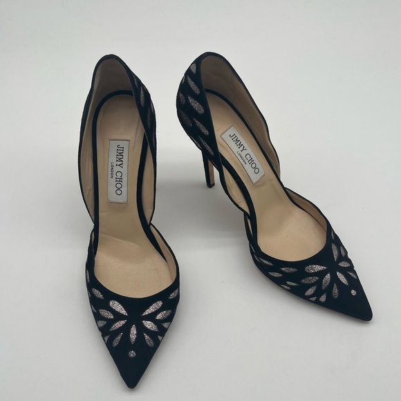 Jimmy Choo Datsha Black Suede Glitter D'Orsay Pumps Heels Women Size 39 BLEMISH - Picture 1 of 10